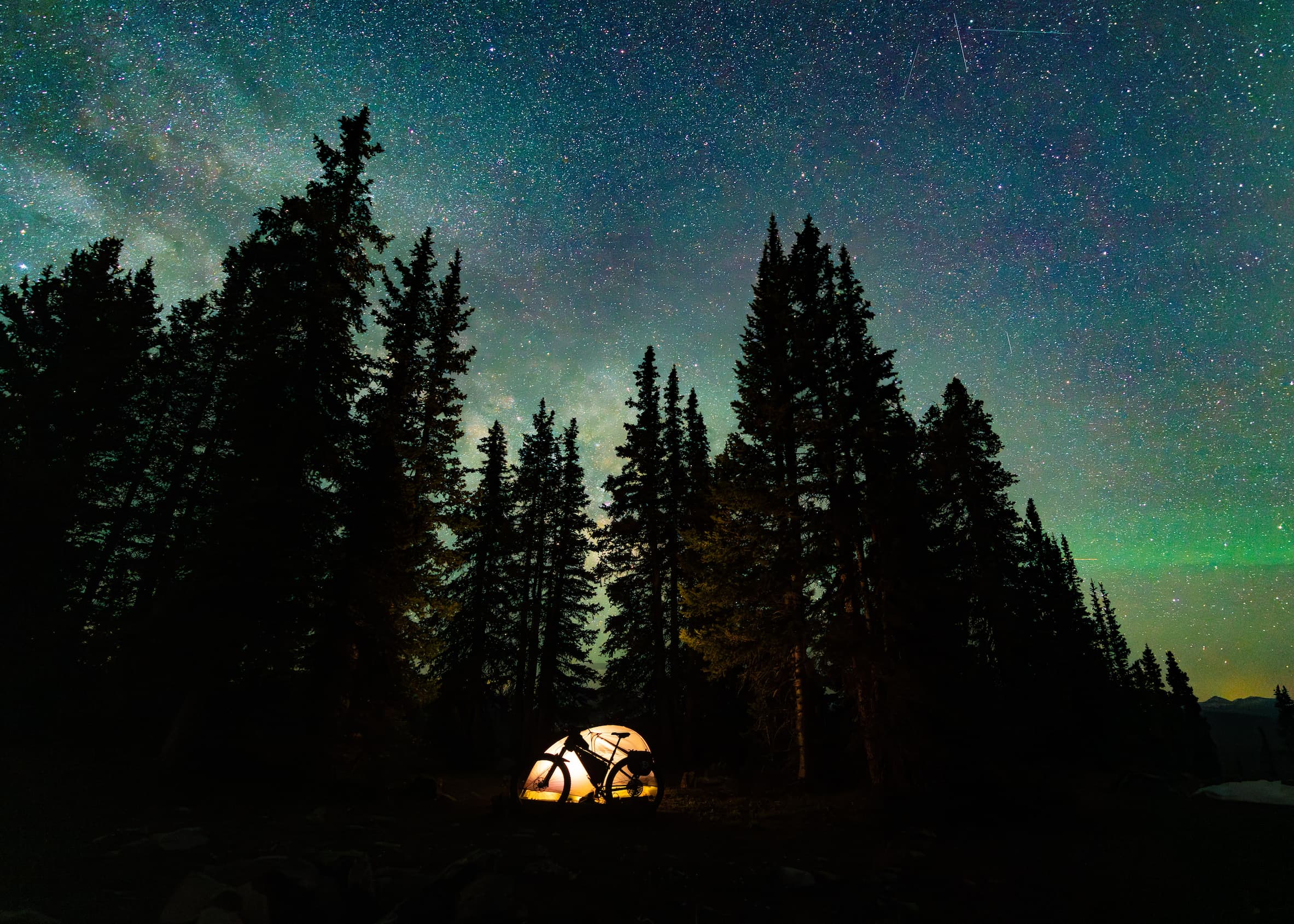 A glowing tent sits among tall pine trees under a clear, star-filled night sky, creating a peaceful and serene camping scene in the forest.