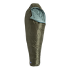 The Big Agnes Anthracite 20° is a green, mummy-style sleeping bag with recycled synthetic insulation and a light blue interior, shown upright and partially unzipped against a plain white background.