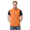 Man wearing an orange vest with a brand logo on a white background