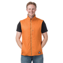 Man wearing an orange vest with a brand logo on a white background