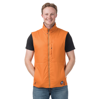 Man wearing an orange vest with a brand logo on a white background