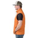 Man wearing an orange vest and camouflage cap on a white background