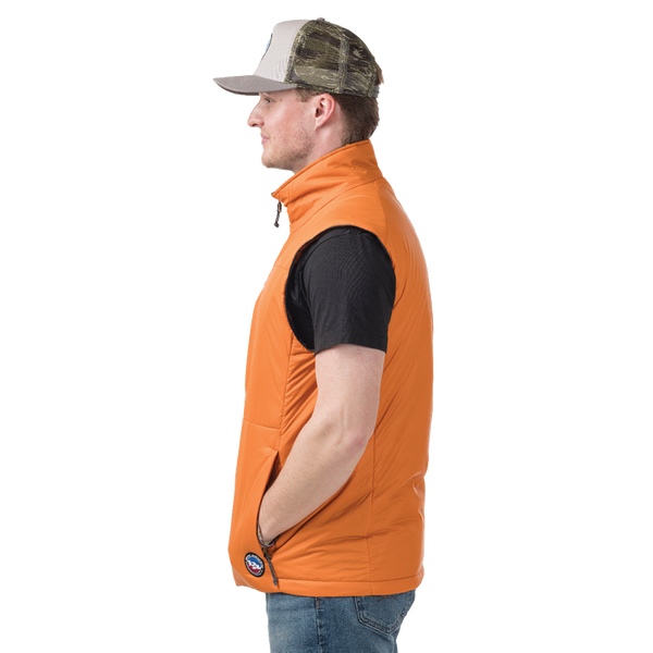 Man wearing an orange vest and camouflage cap on a white background