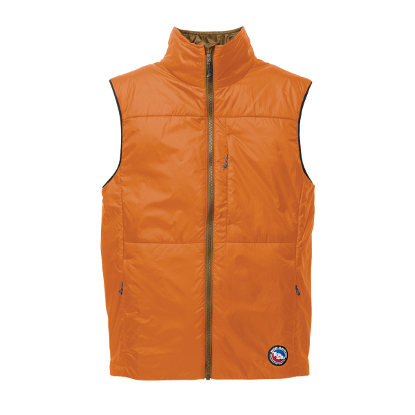 Orange vest with a brand logo on a white background