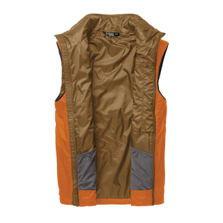 Brown and orange vest with a visible brand label on a white background