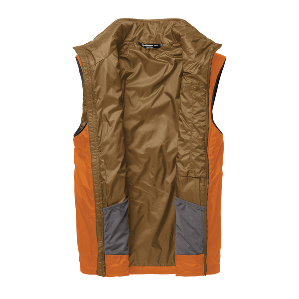 Brown and orange vest with a visible brand label on a white background