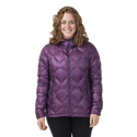 Woman wearing a purple quilted jacket on a white background