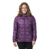 Woman wearing a purple quilted jacket on a white background