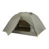 The Big Agnes Blacktail 3 - Vetiver is a green, dome-shaped, lightweight backpacking tent with orange guy lines. Shown with its open entrance revealing the interior floor and mesh door, it’s set against a plain white background.