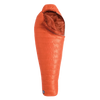The Big Agnes Greystone 20° is an orange, mummy-style sleeping bag with a hood and DownTek insulation, designed for warm backpacking trips, shown upright against a white background.