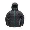 Kids’ Ice House Jacket in black with a hooded, diamond-quilted puffer design and bright teal zippers and trim.