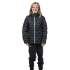 A smiling child wearing a warm, black, quilted, hooded Big Agnes Europe Kids’ Ice House Jacket with light green zipper accents.