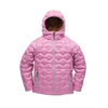 Kids’ Ice House Jacket in fuchsia pink with a light blue front zipper and scalloped quilting, designed as a durable, warm hooded winter jacket.