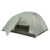 The Big Agnes Europe Krumholtz 2 is a light green, dome-shaped, freestanding tent with an open front door showing its spacious interior and gray floor, set up on a white background.