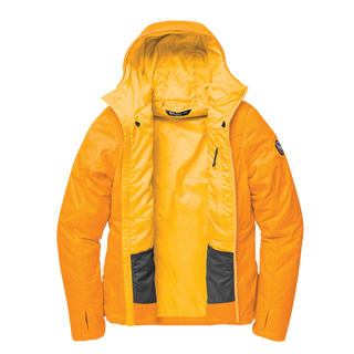 Orange jacket with a hood on a white background