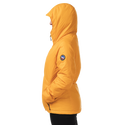 Yellow puffer jacket with a brand logo on a white background