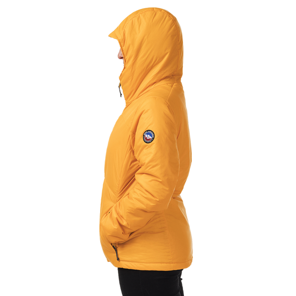 Yellow puffer jacket with a brand logo on a white background