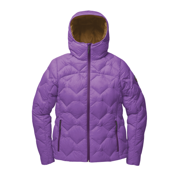 Purple quilted jacket with a hood on a white background