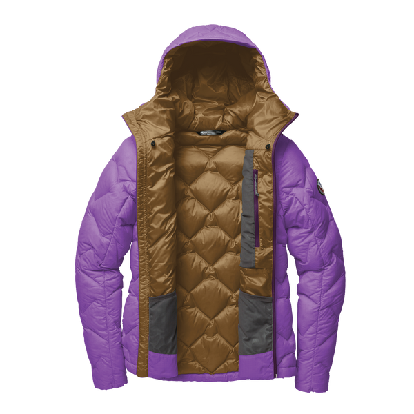 Purple and brown quilted jacket on a white background