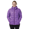 Person wearing a purple quilted jacket on a white background