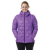 Person wearing a purple quilted jacket on a white background