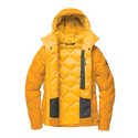 Yellow quilted jacket with black accents on a white background