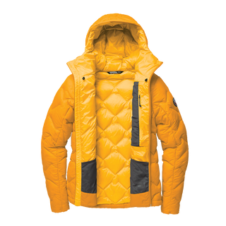 Yellow quilted jacket with black accents on a white background