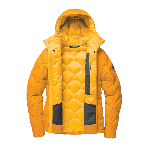 Yellow quilted jacket with black accents on a white background