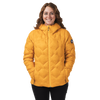 Person wearing a mustard yellow quilted jacket on a white background