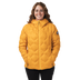 Person wearing a mustard yellow quilted jacket on a white background