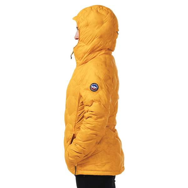Yellow winter jacket with a brand logo on a white background