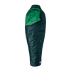 A dark green, mummy-style sleeping bag with a lighter green interior—partially unzipped and displayed upright against a plain white background. The Rabbit Ears 45 from Big Agnes Europe offers excellent insulation for moderate climates, making it an ideal mid-temperature sleeping bag.