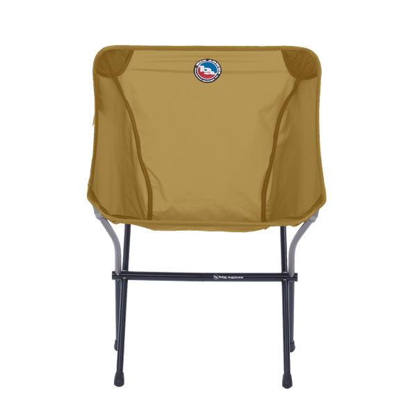Brown camping chair with a logo on a white background