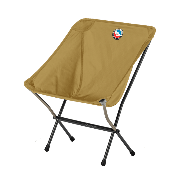 Brown camping chair with a logo on a white background