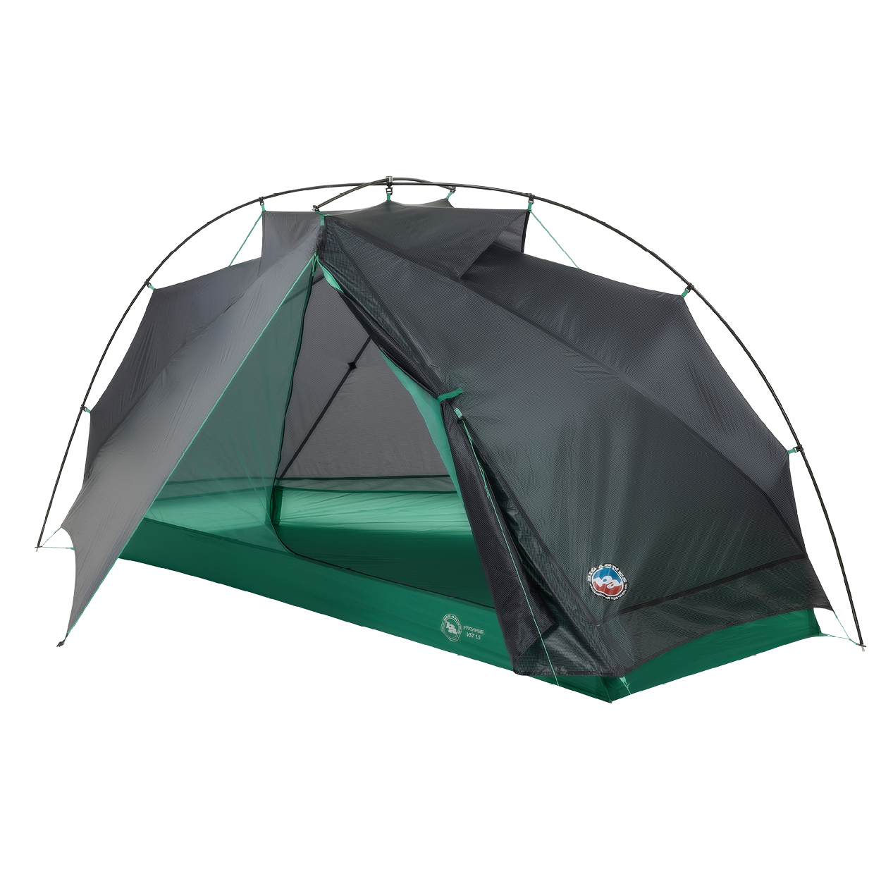 Green and gray tent with a logo on a white background