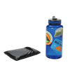 A folded black Pitchpine VST 1.5 Footprint from Big Agnes sits beside a blue water bottle with colorful outdoor-themed stickers, both placed on a plain white background.