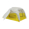 The Big Agnes Salt Creek 2 is a lightweight, two-person backpacking tent with a yellow base, mesh sides for panoramic views, and a light gray rainfly partially covering the top, set up and ready for use.