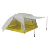 The Big Agnes Salt Creek 3, shown in yellow and gray on a white background, is a backpacking tent with a spacious interior, large rainfly with extended awning supported by two trekking poles, and mesh windows for panoramic views.