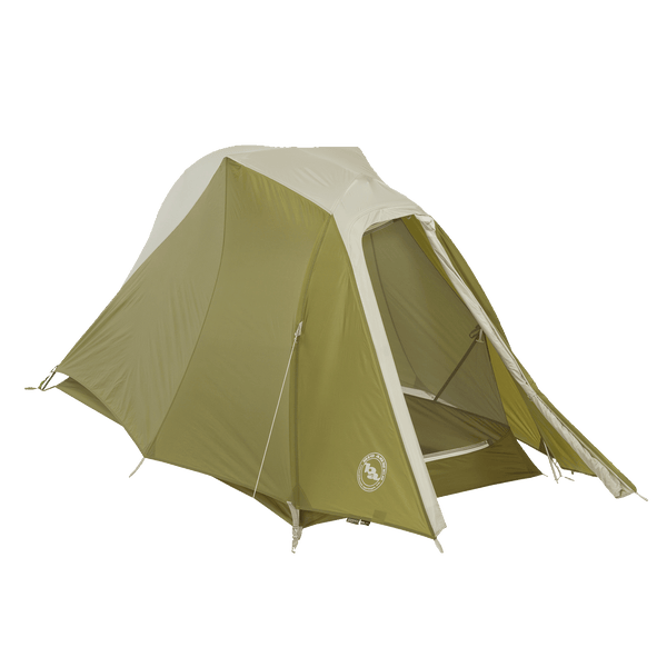 Green and beige tent with a visible brand logo on a white background