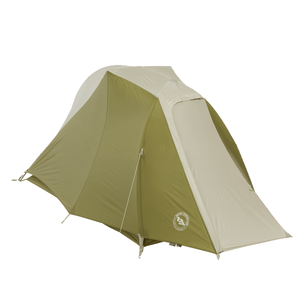 Green and beige tent with a logo on a white background