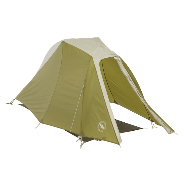 Green camping tent with a white logo on a white background