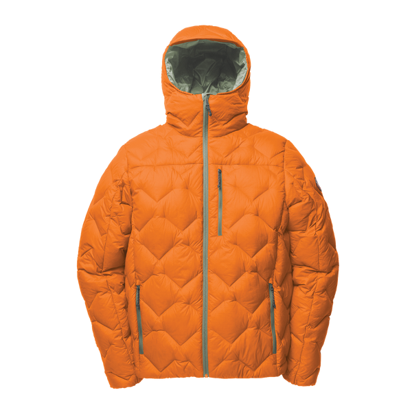 Orange quilted jacket on a white background
