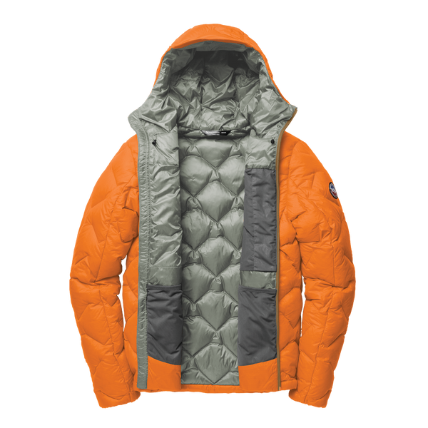 Orange and gray quilted jacket on a white background