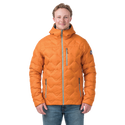 Man wearing an orange quilted jacket on a white background