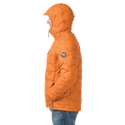 Orange puffer jacket with a brand logo on a white background