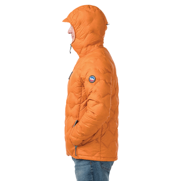Orange puffer jacket with a brand logo on a white background
