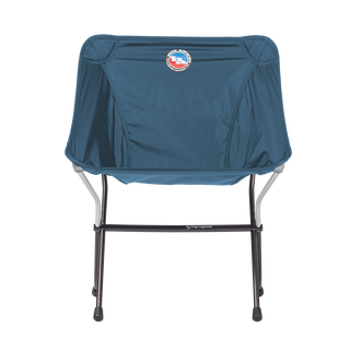 Blue camping chair with a logo on the backrest against a white background