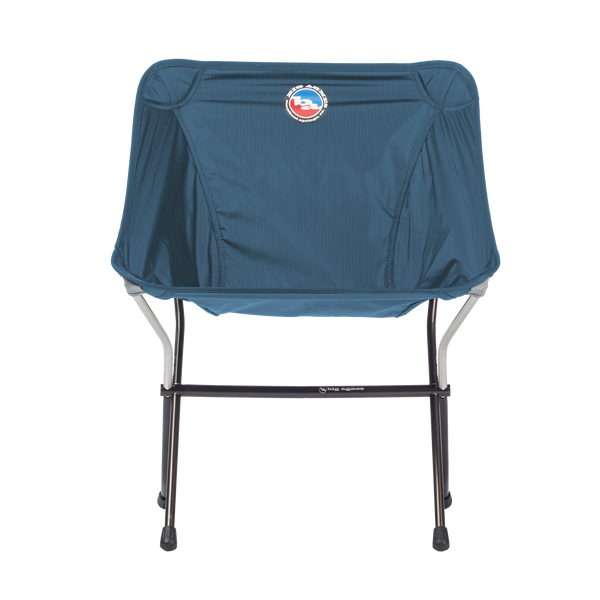 Blue camping chair with a logo on the backrest against a white background