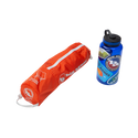 Orange carrying case and blue water bottle with branding on a white background