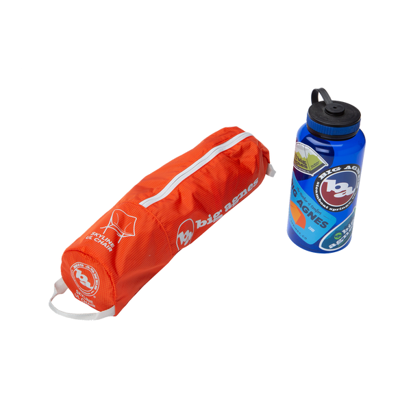 Orange carrying case and blue water bottle with branding on a white background